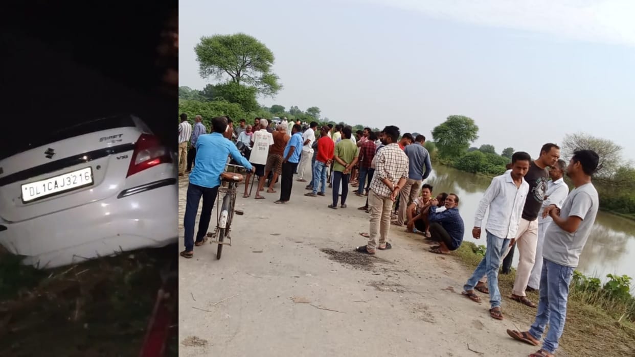 Sultanpur: Car lost control and overturned in canal, four people drowned, one died.