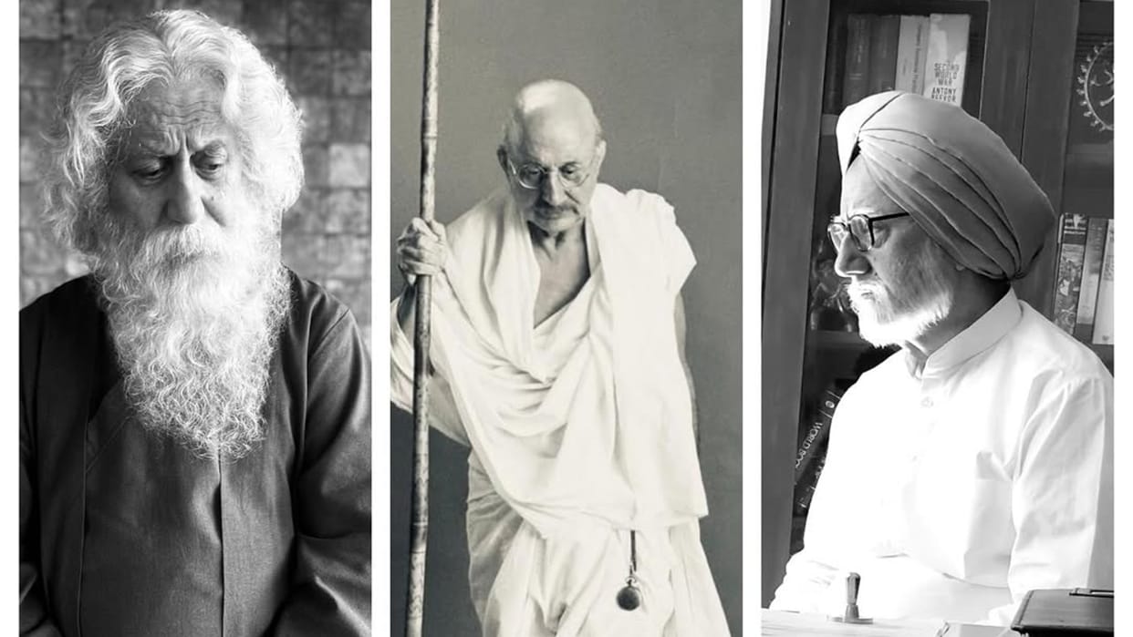 anupam kher shares his three Characters Rabindranath Tagore Gandhi Manmohan Singh look from films