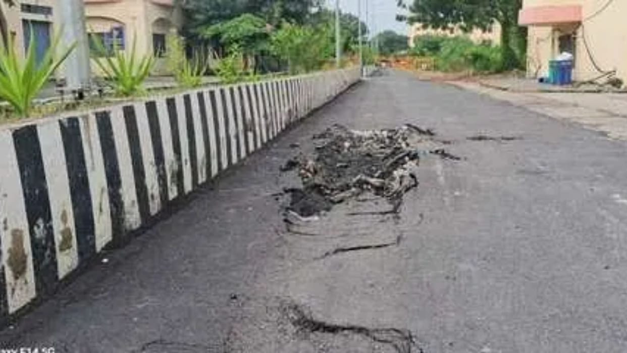 purvanchal university road constructed one week ago caved in at several places in jaunpur