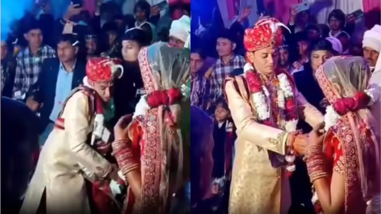 The garland exchange someone burst a firecracker from behind groom became scared Video goes Viral on Internet