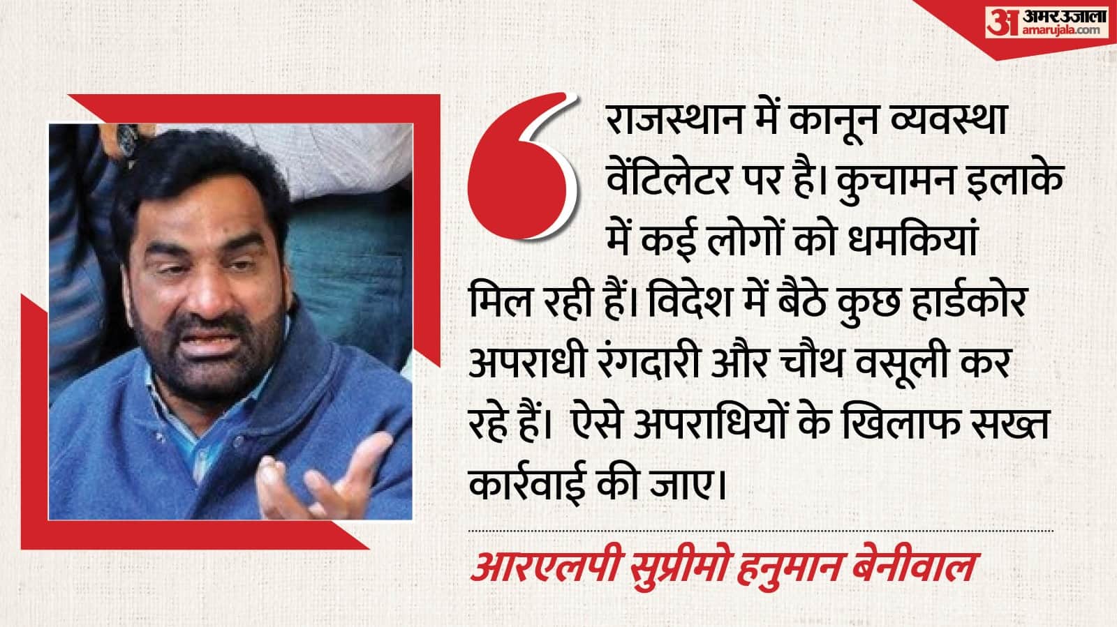 राजस्थान में फेक एनकाउंटर की जरूरत बताई हनुमान बेनीवाल ने, कहा-अपराधियों में खौफ जरूरी है