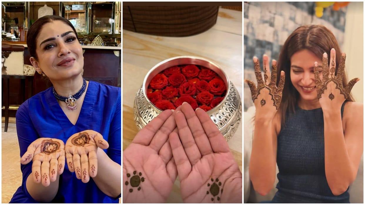 Celebs including raveena tandon and kriti kharbanda celebrating karwachauth and flaunts her mehndi