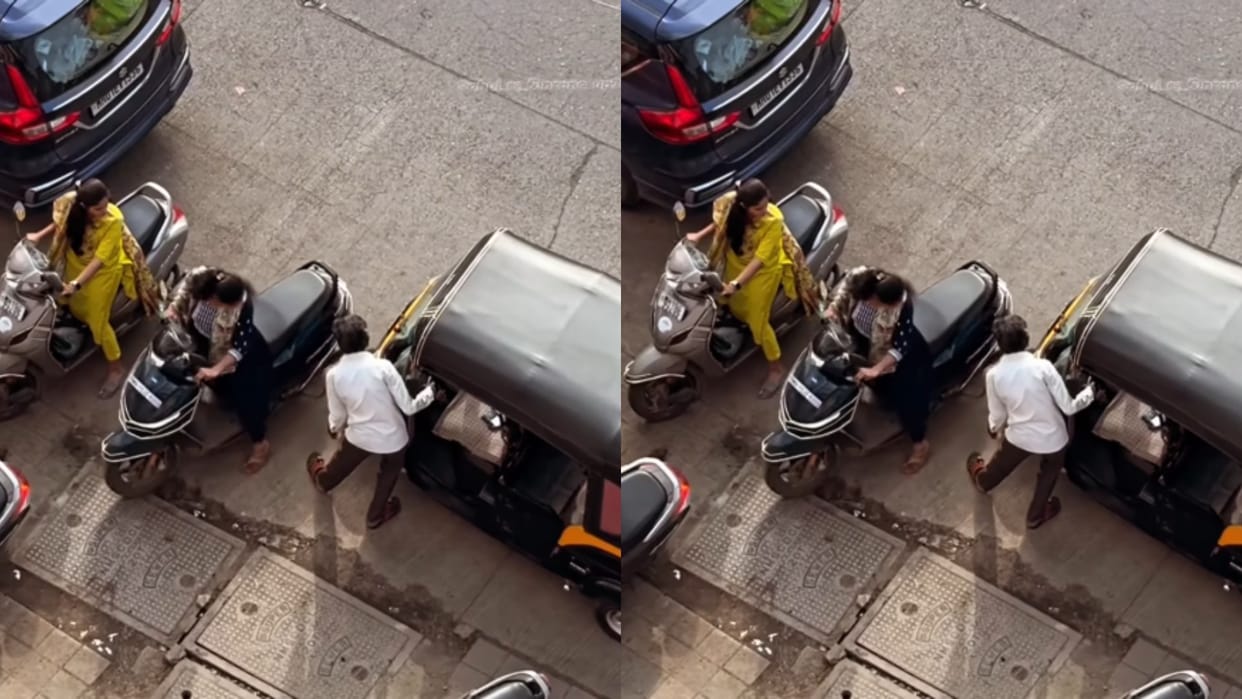 Woman sweats it out trying to get her scooter out of the parking lot people are laughing Video Viral