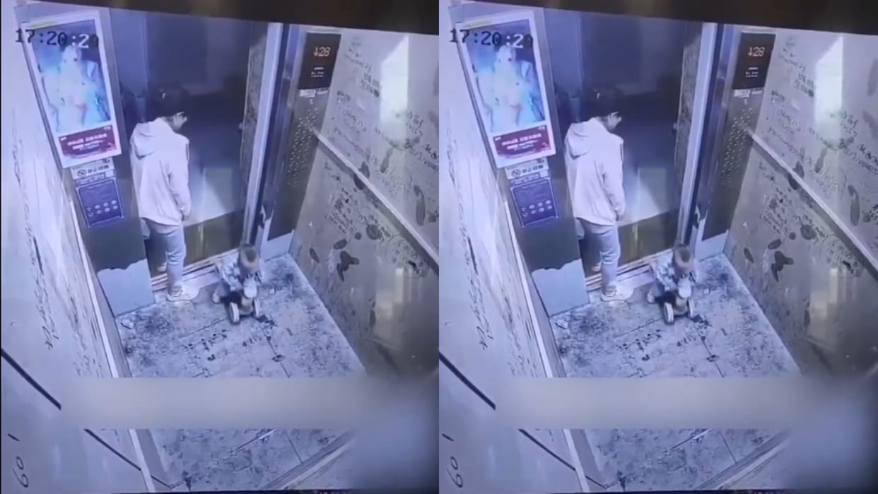 A child is trapped in an elevator due to his mother negligence door fails to open despite repeated attempts