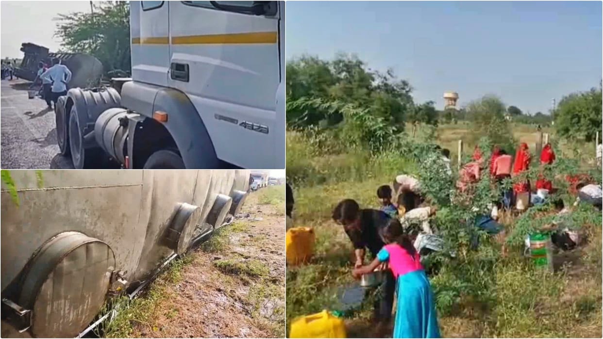 Rajasthan News: Oil tanker overturns in Balotra, villagers fill buckets with refined oil; see photos