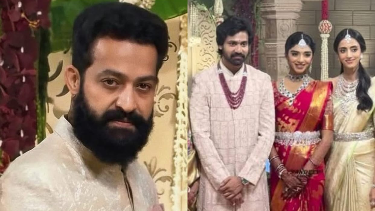 Jr NTR attends brother in law Narne Nithiins wedding with wife Lakshmi Pranathi and kids in Hyderabad