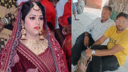 मृतका का फाइल फोटो और पोस्टमार्टम हाउस पर बैठे परिजन