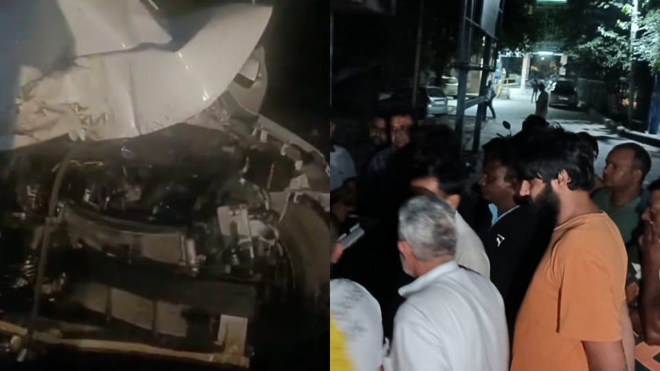 Four people including son of Congress district president died when car collided with road roller
