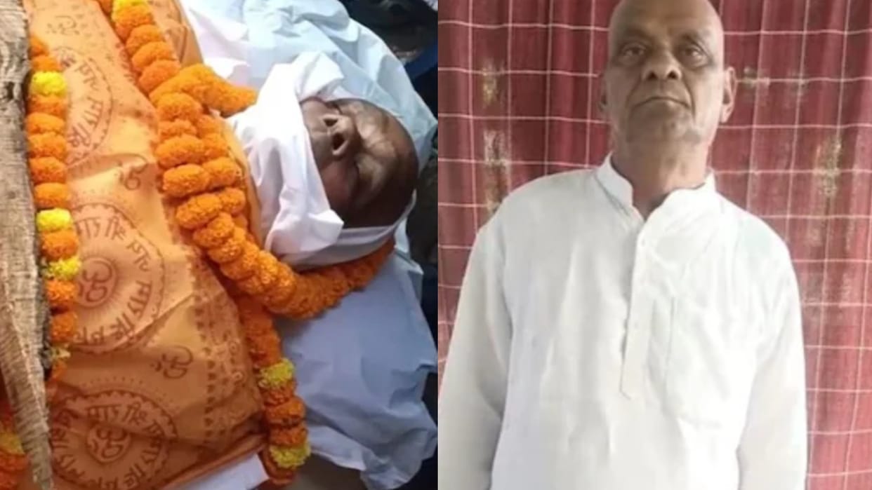 former armyman takes out his last journey while still alive reaches muktidham by lying on his bier