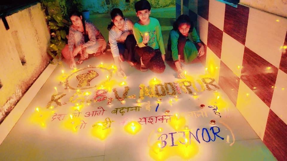 Students and teachers created rangoli wrote helpline numbers with diyas and spread message of empowerment