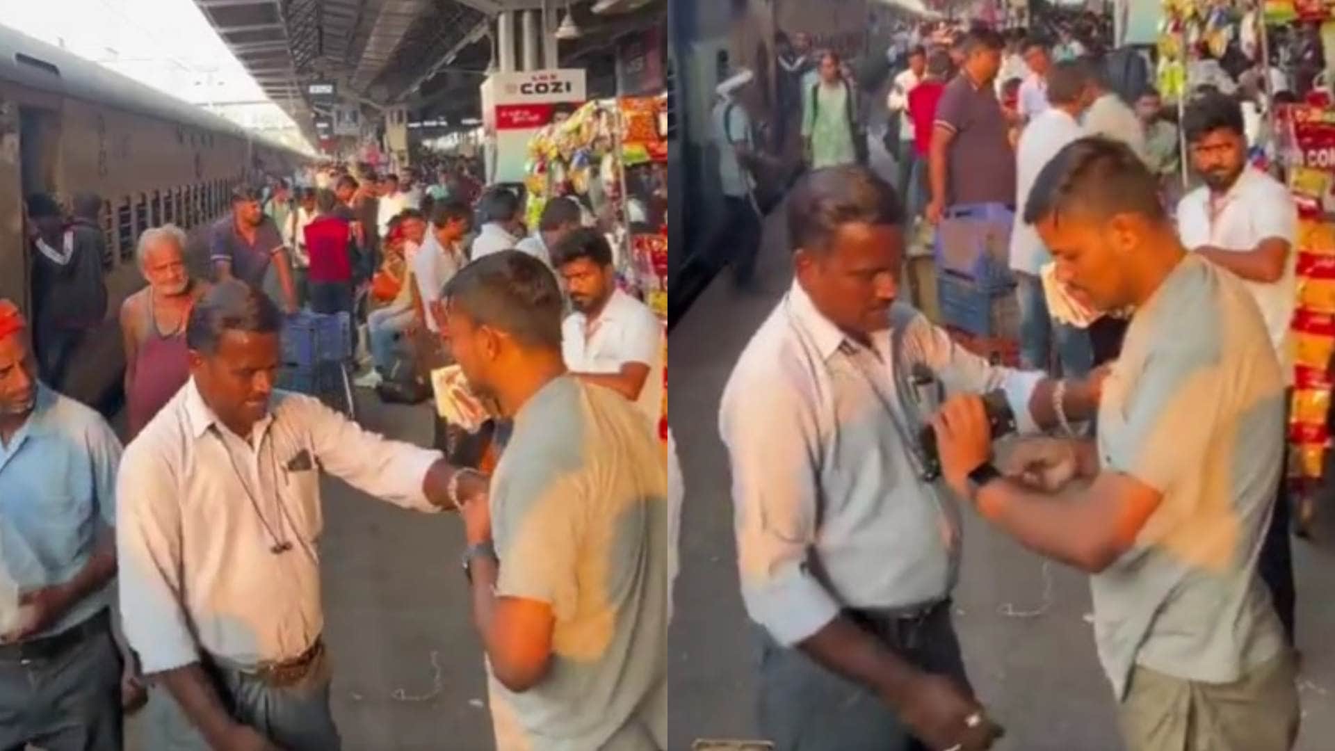 यात्री से घड़ी उतरवाता वेंडर।