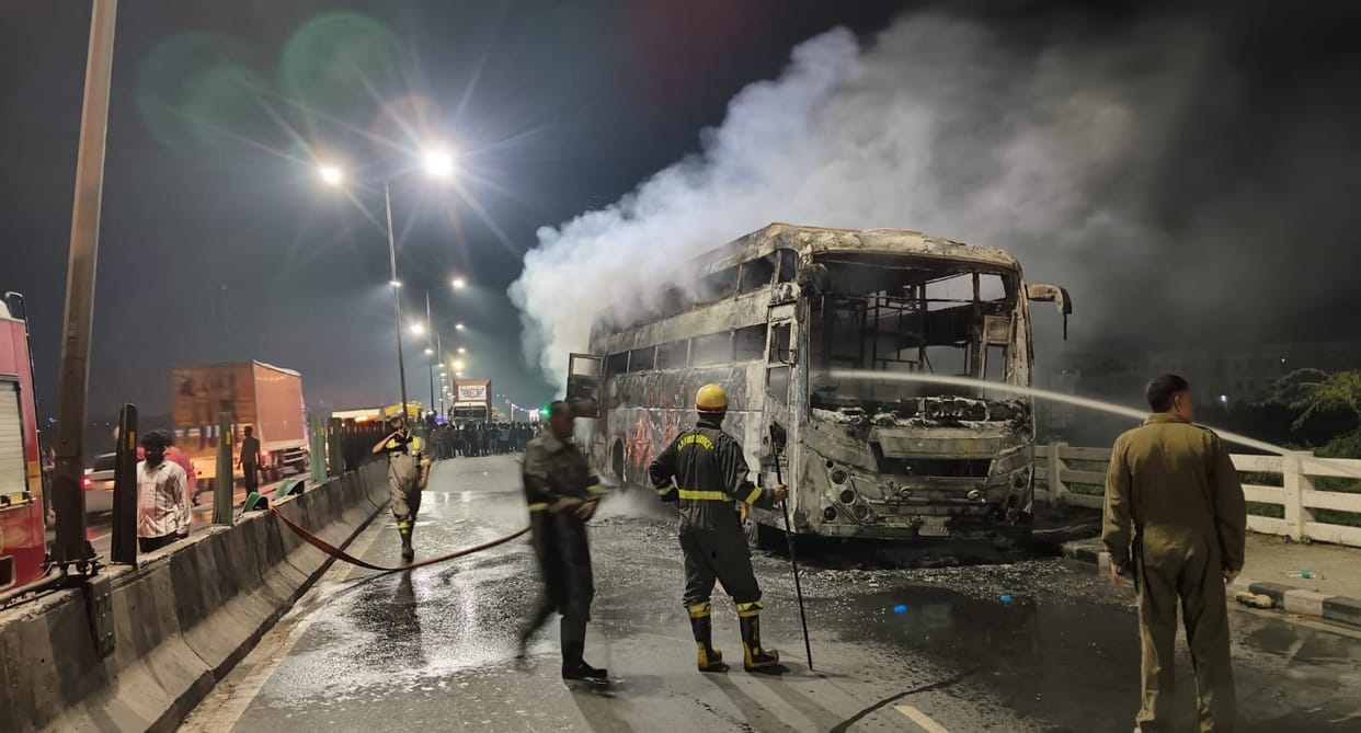 Moving Bus Catches Fire Near Mathura Refinery