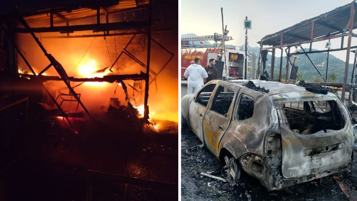 Solan After the fire car exploded Parwanoo toll barrier also reduced to ashes causing losses worth lakhs