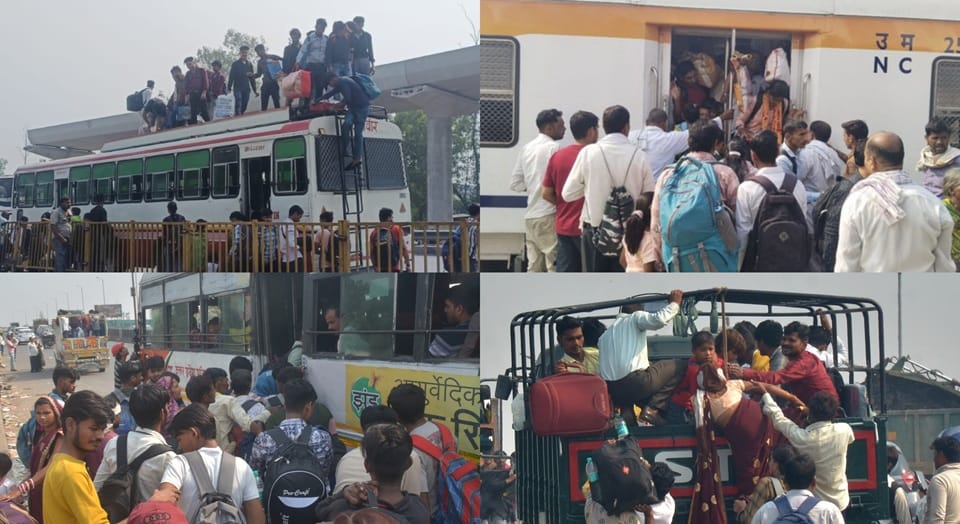 Diwali Rush Chaos: Trains Packed Beyond Capacity Passengers Ride on Bus Roofs to Reach Home
