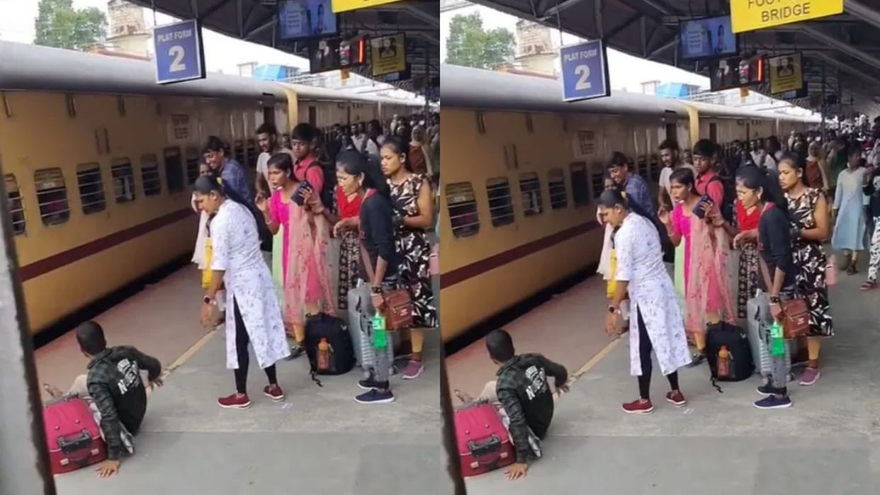 A man tried to get off a moving train his foot slipped and what happened next left onlookers horrified