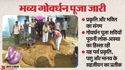 सीहोर में गोवर्धन पूजा करते हुए स्थानीय लोग।