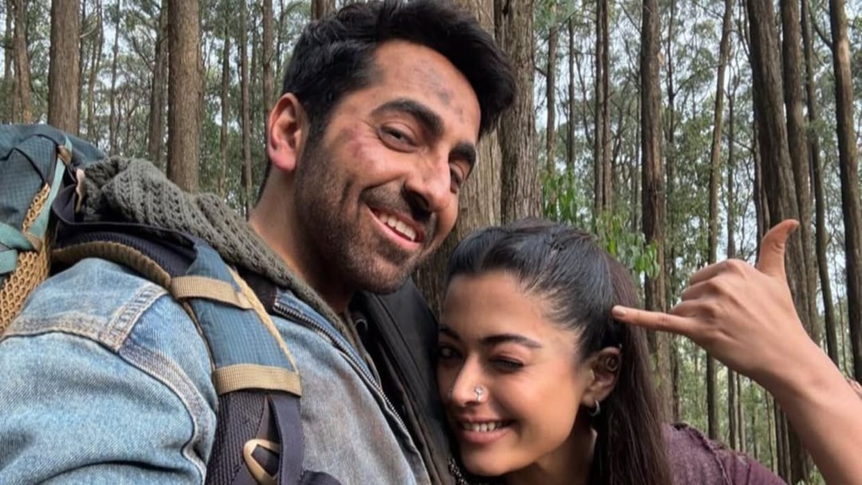 ayushmann khurrana shares bts photos of thamma set with rashmika mandana