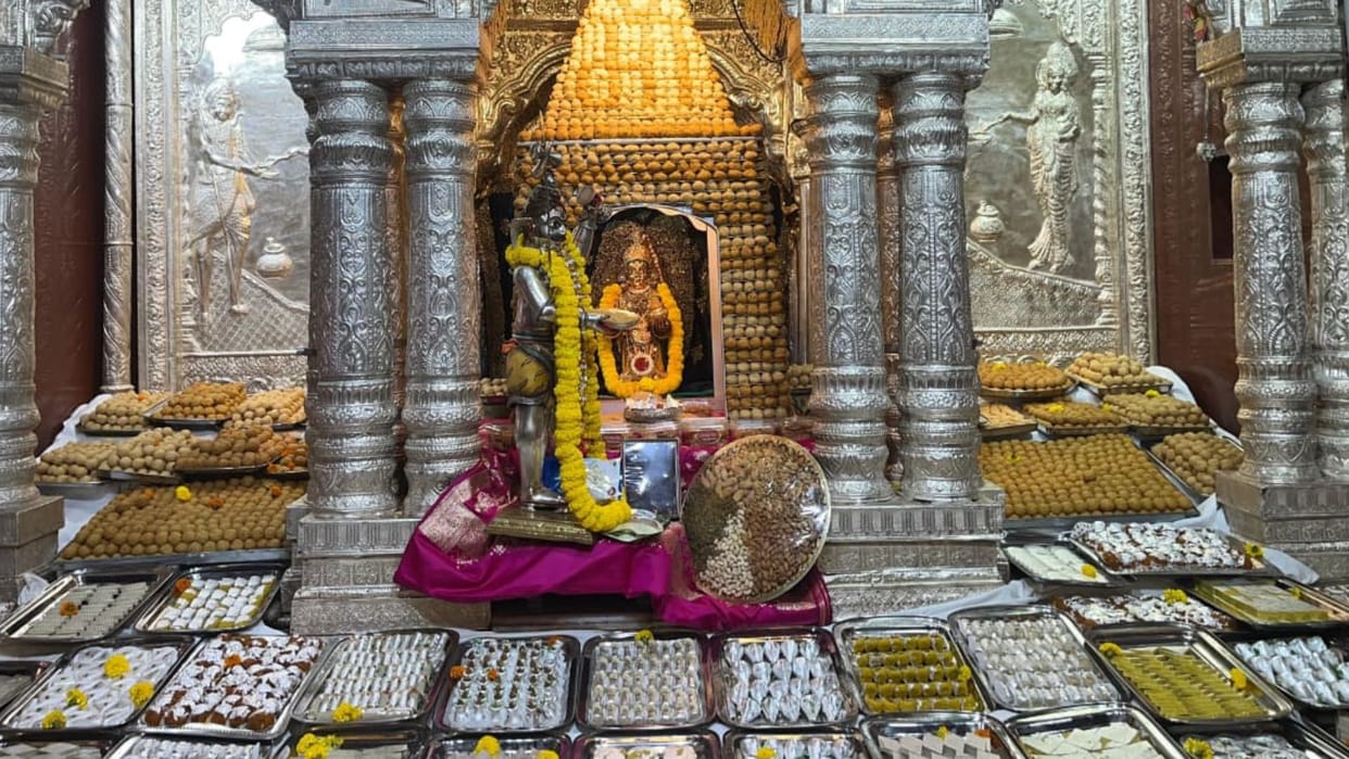tableau of Goddess Annapurna adorned with 511 quintals of grain 56 offerings offered worship in temples