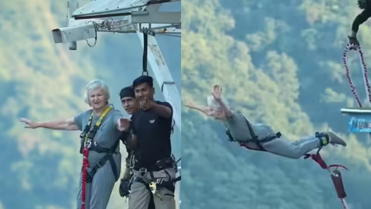 82 Years Old Woman Fearlessly Performs Bungee Jumping In Rishikesh Video Goes Viral