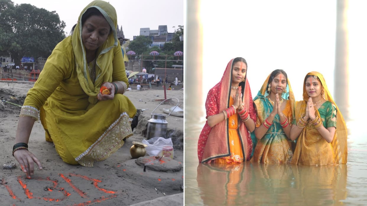 first lamp is lit on Chhath altar on banks of Uttarvahini River grand festival begins with Nahay Khay