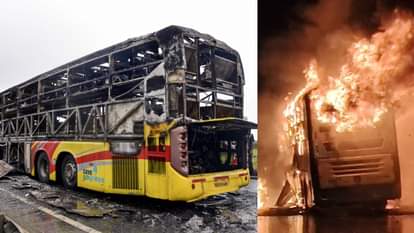 कुरनूल में आग लगने से जलकर खाक हुई बस।