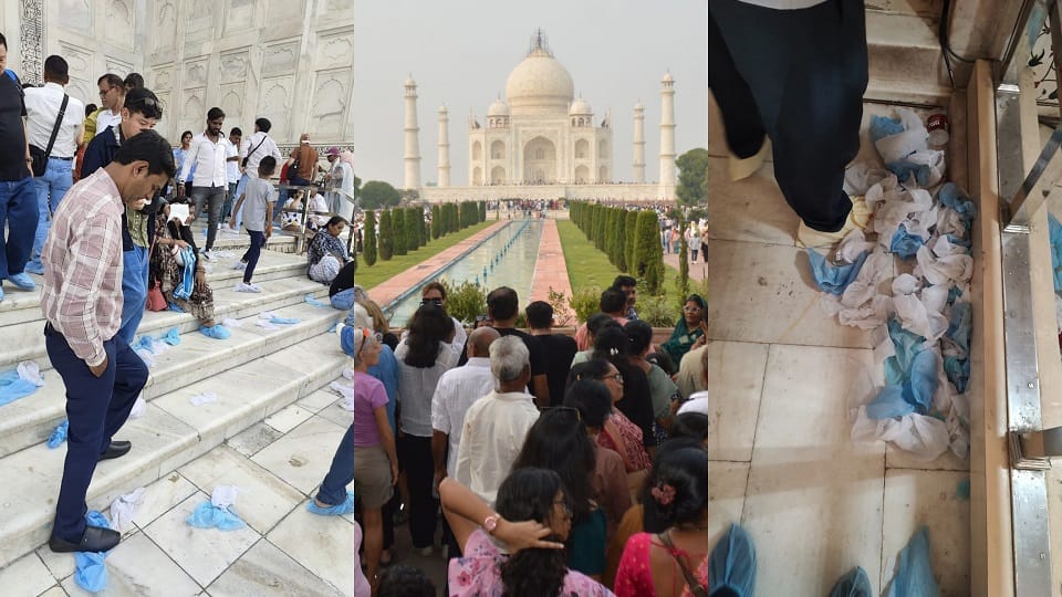 Shoe covers cause dirt on Taj Mahal