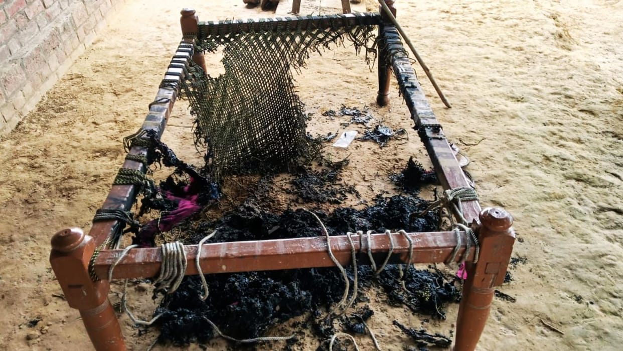 man sleeping on cot was doused with petrol and set on fire resulting in child survival in jaunpur