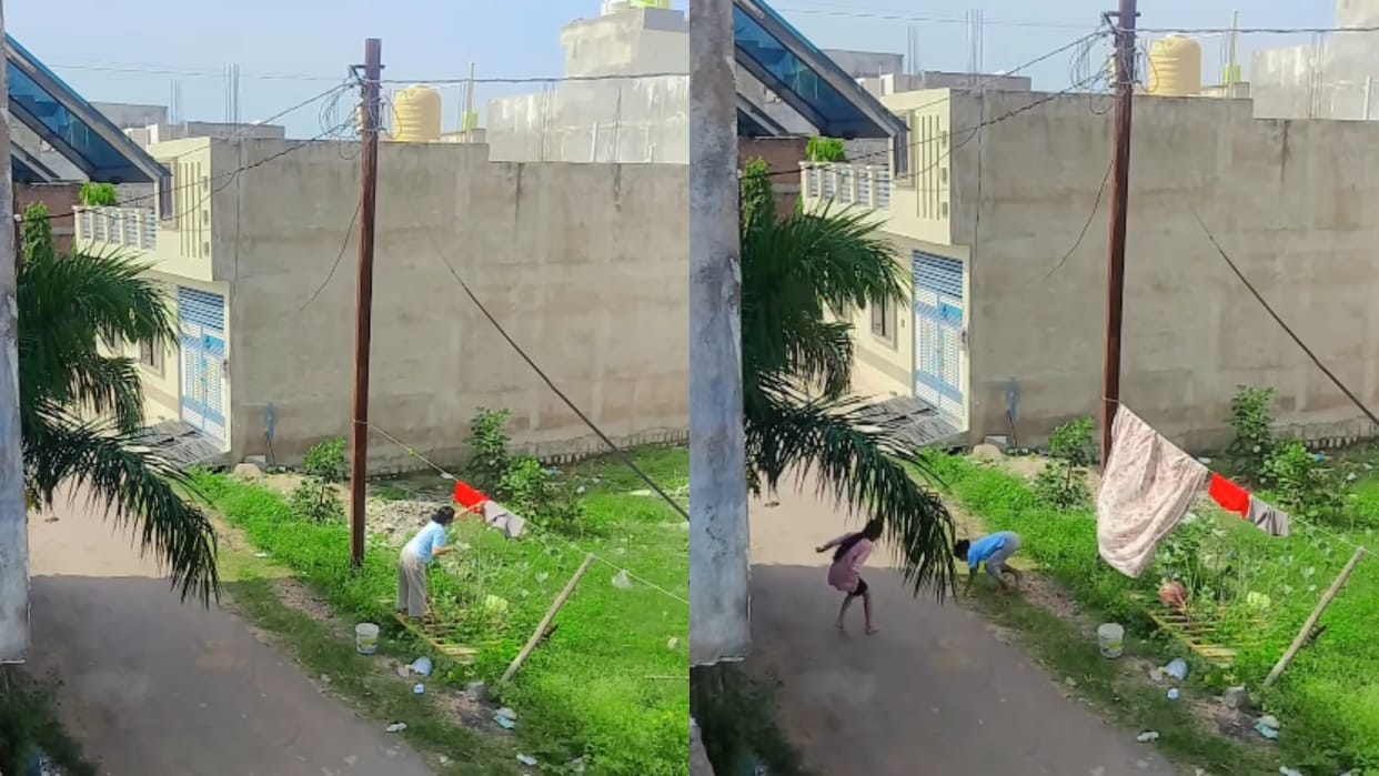 A girl was spreading wet clothes to an electric pole when she felt electric shock Video goes Viral
