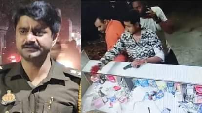 निलंबित पुलिस चौकी इंचार्ज सचिन भाटी और मेडिकल स्टोर में पिस्टल के साथ नजर आ रहा अभिजीत सिंह