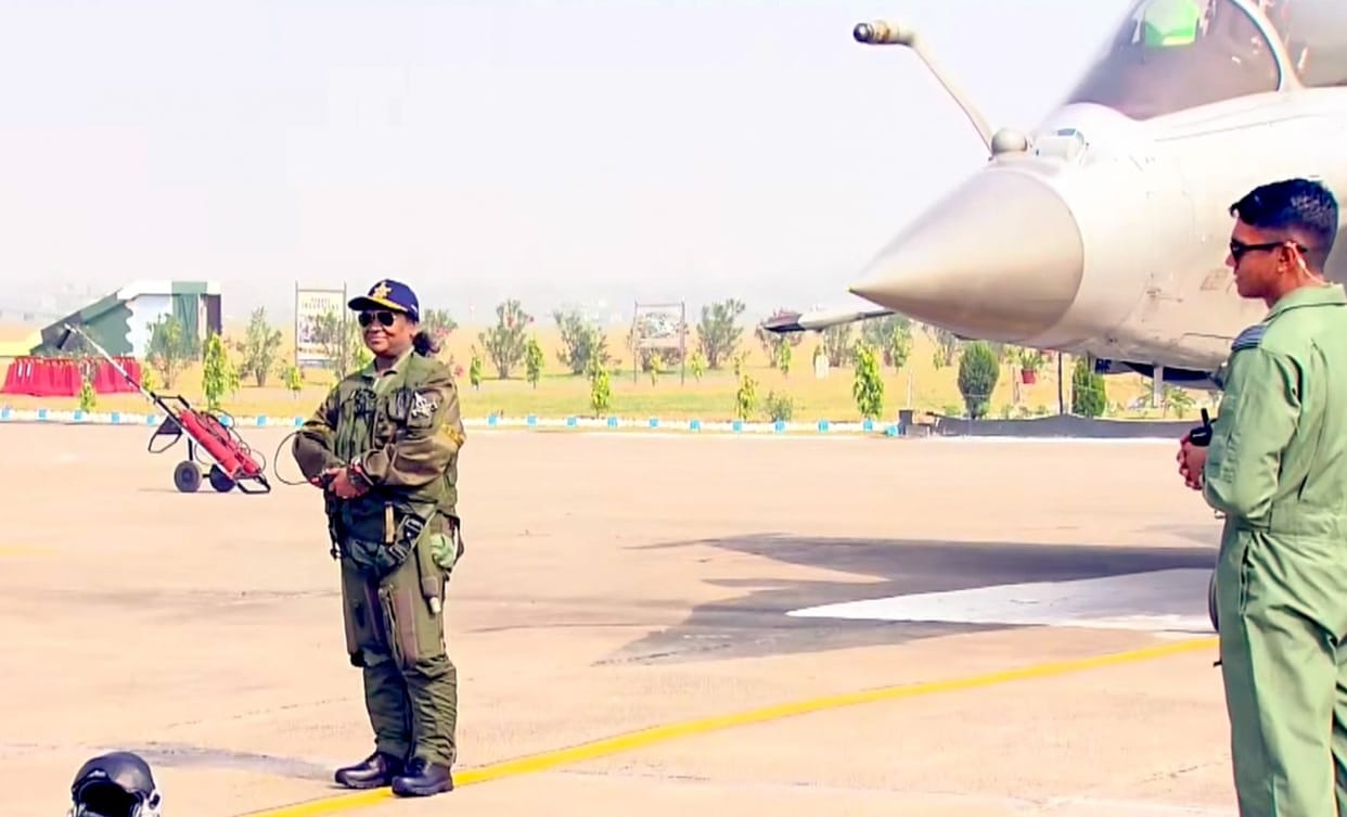 President Draupadi Murmu historic Rafale flight Boards fighter plane wearing suit waves before take-off