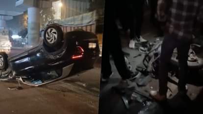 Two young men riding a scooter were seriously injured in a head-on collision with a car