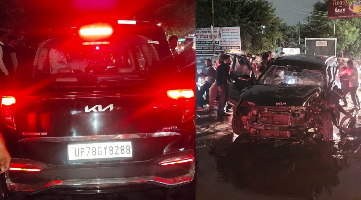 Kanpur Accident Uncontrolled car hits tree three people narrowly escape no one was injured