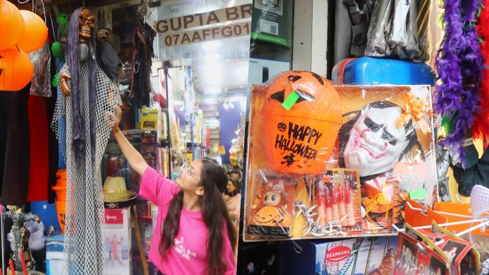 दिल्ली के खान मार्केट में हैलोवीन डे के सामान की खरीदारी करते लोग