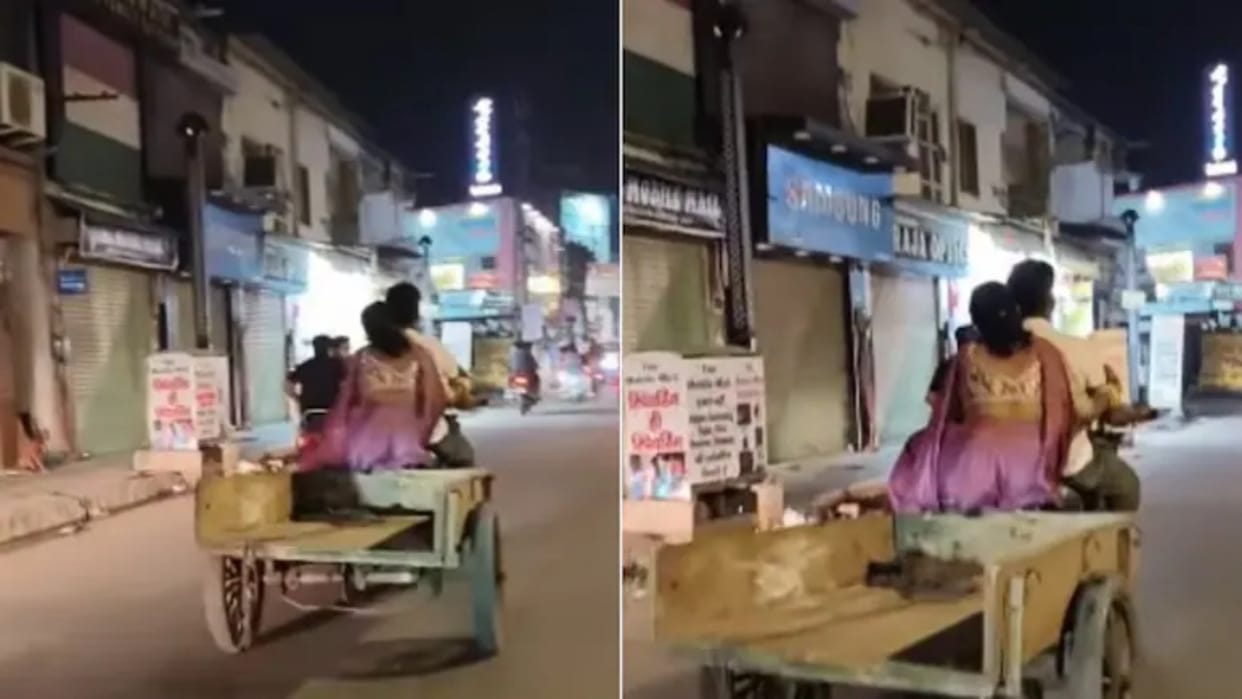 Neither a big car nor any expensive demands the wife went out for a ride with her husband on a cart