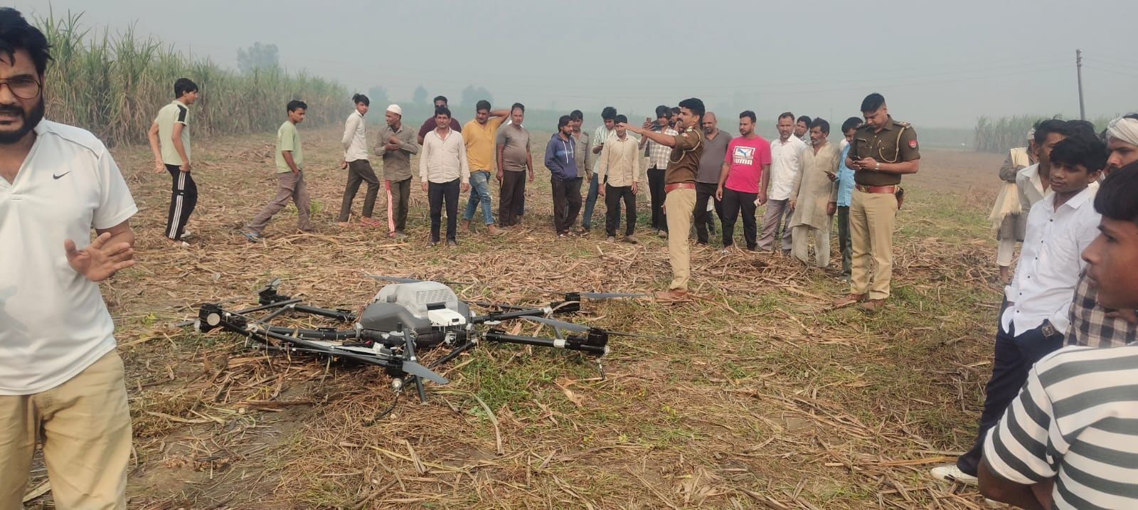 A large drone found fallen in field in Bahrampur Badhli village in Hapur