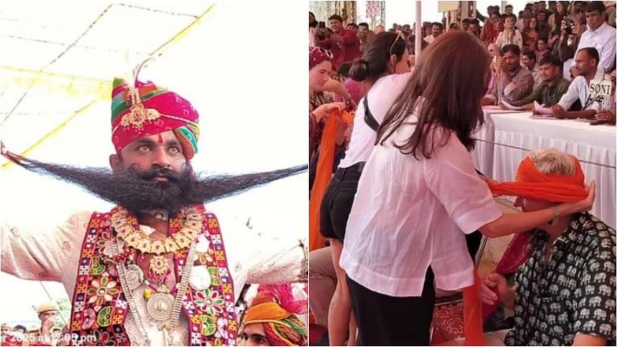 Pushkar Fair 2025: Foreign Tourists Tying Safa Crowd Rajput Moustache Pride on Full Display
