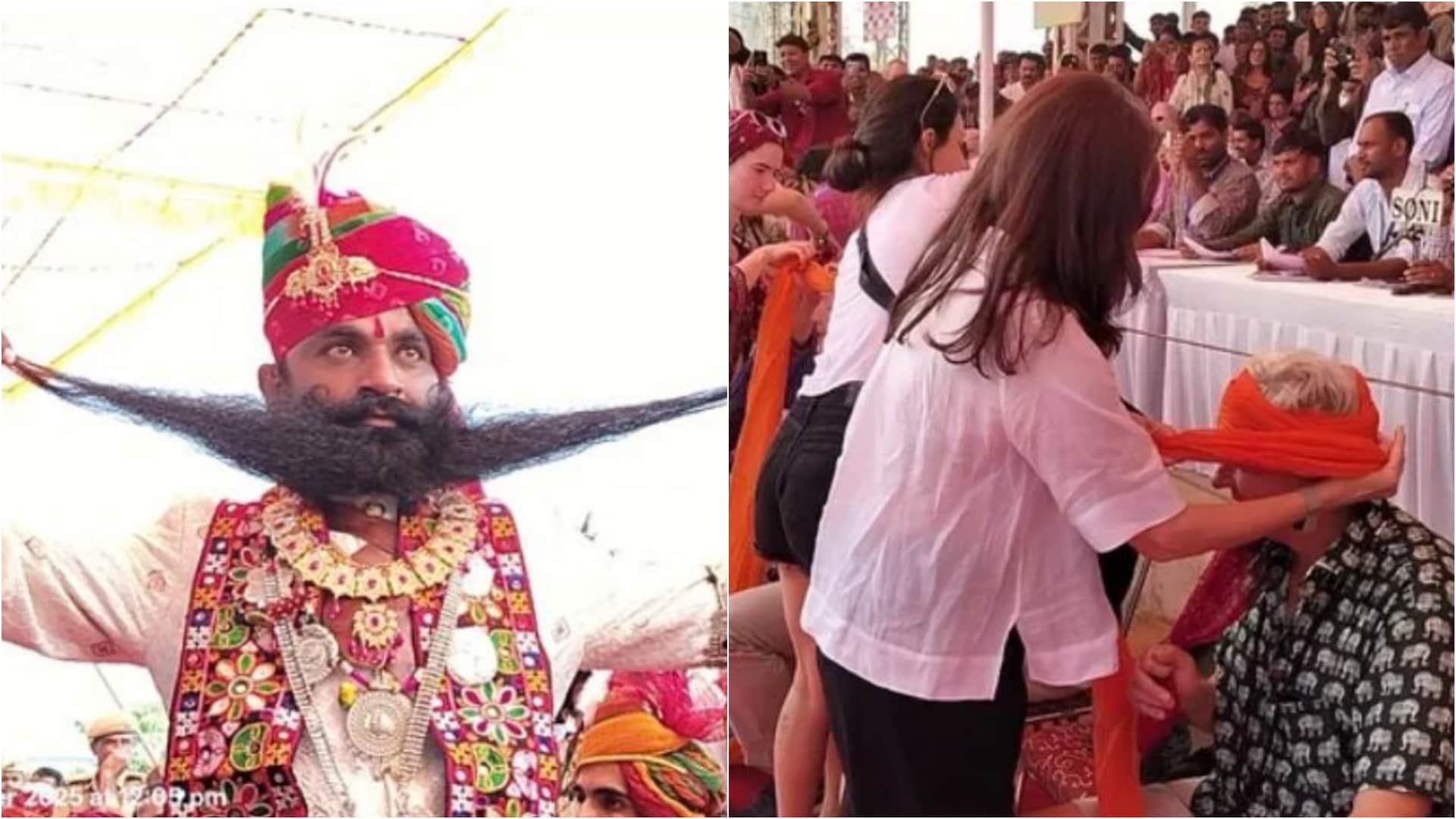 Pushkar Fair 2025: Foreign Tourists Tying Safa Crowd Rajput Moustache Pride on Full Display