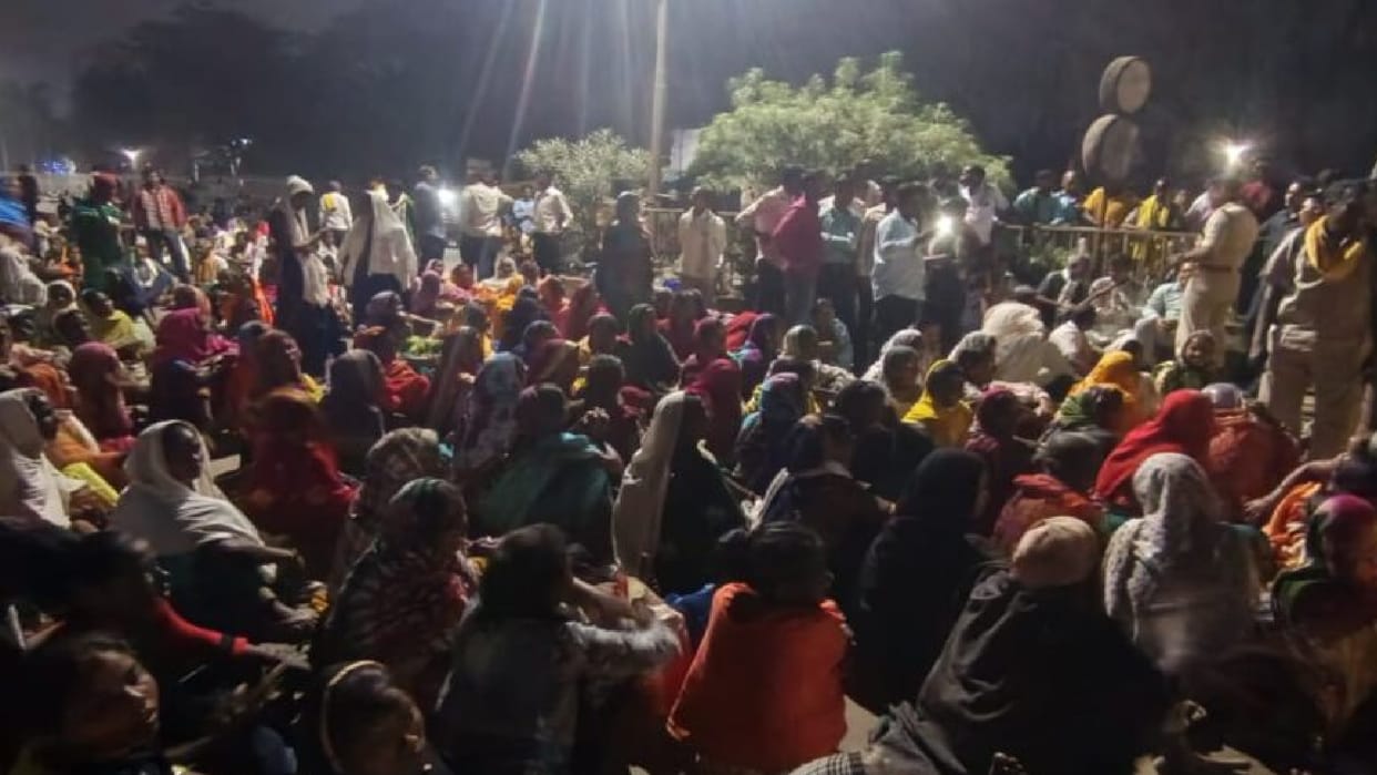villagers staged a sit-in protest over demands to cancel public hearing for Ambuja coal mine Raigarh