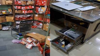 चोरी के बाद बाइक शोरूम में बिखरा सामान