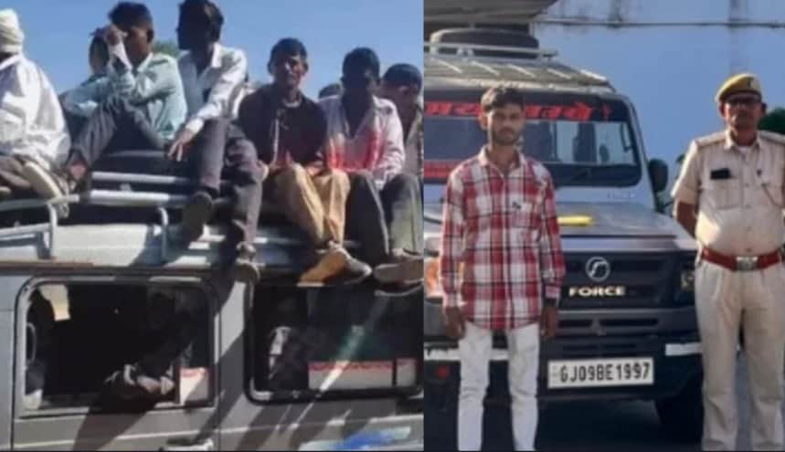 झल्लारा थाना पुलिस की ओर से गिरफ्तार चालक और जब्त की गई गाड़ी।