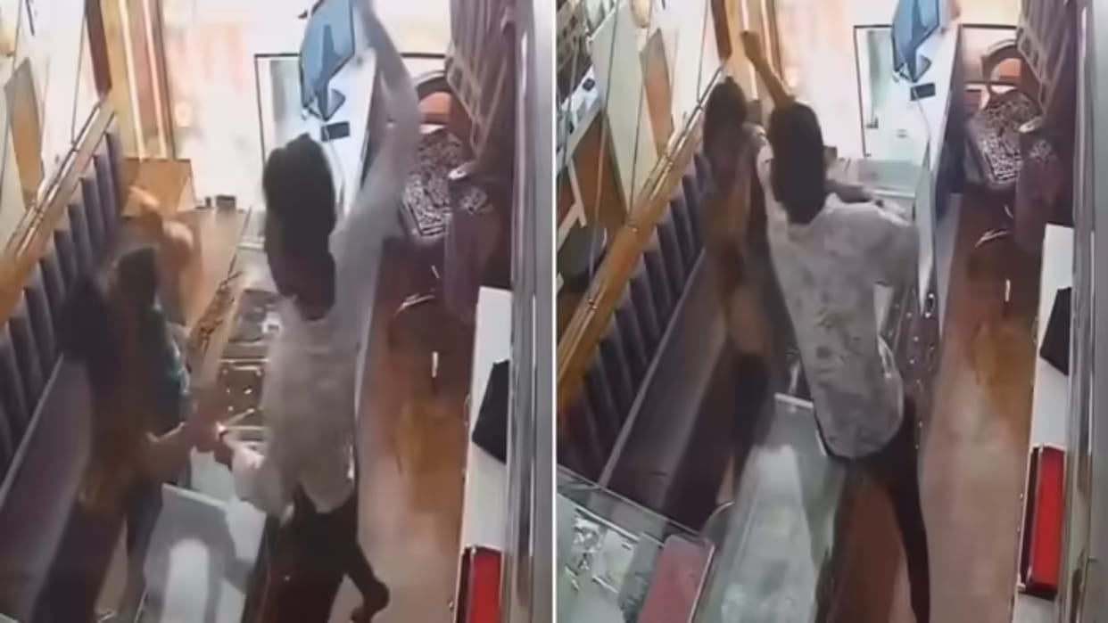 Masked woman enters jewellery shop to steal shopkeeper catches her intentions as she throws chilli powder