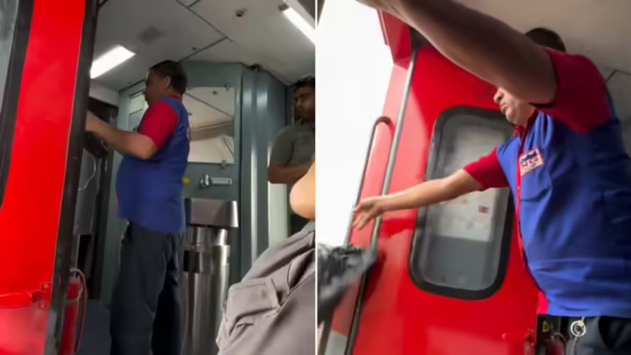 Railway employee dirtying the country while cleaning the train throwing all the garbage outside video viral