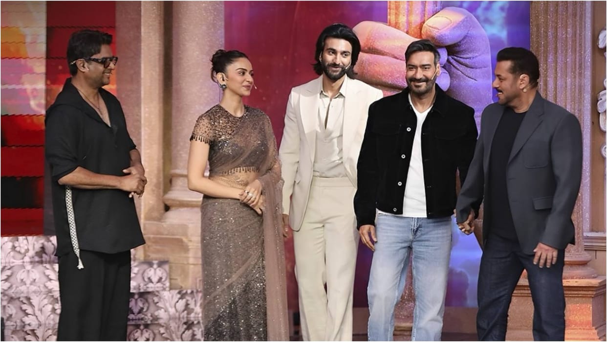 Ajay Devgn Madhavan Rakul De De Pyaar De 2 star cast at salman khan hosted show Bigg Boss 19 Weekend Ka Vaar
