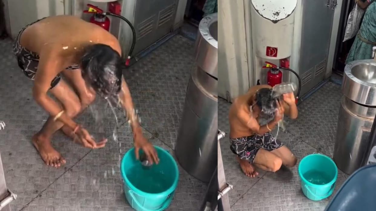 A young man boarded a train with a bucket and a mug: committed an act in a moving vehicle