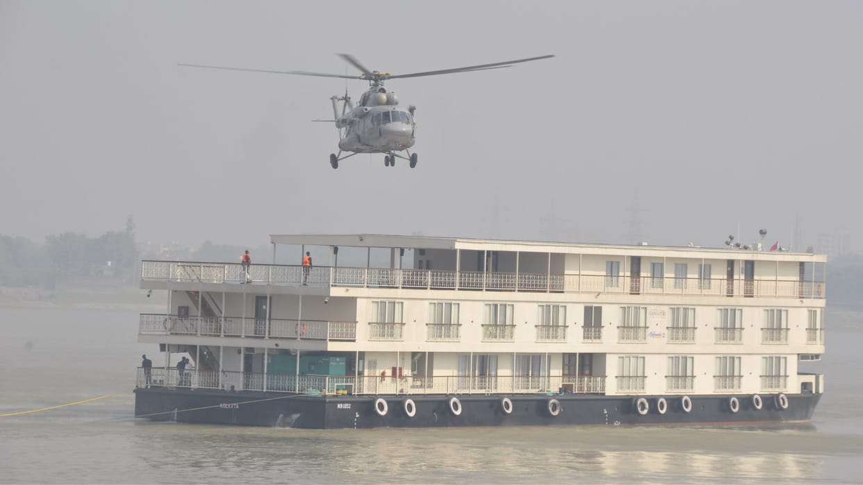 Mock Drill in Varanasi Terrorists hiding in Gangotri cruise ship rescued by NSG commandos using helicopter