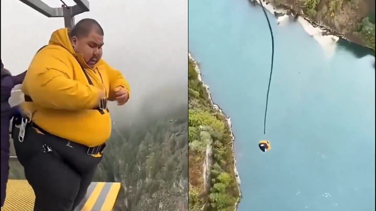 An obese man was bungee jumping As soon as he went down the rope suddenly broke and then accident happened