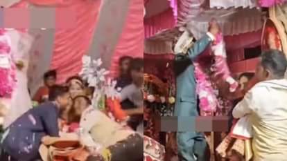 दूल्हे ने स्टूल पर चढ़कर वरमाला डालने की कोशिश की