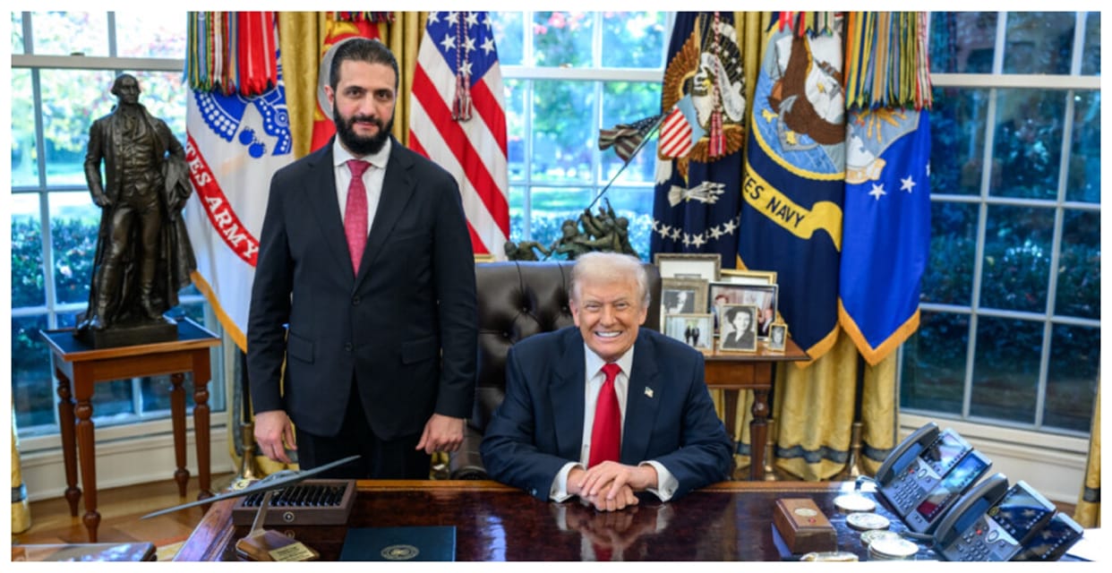 Donald trump asks syria president al sharaa at white house how many wives you have