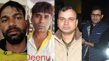 मुरादाबाद मुठभेड़ के मारे गए टिड्ढा और दीनू। साथ में एसएसपी मुरादाबाद और एएसपी एसटीएफ