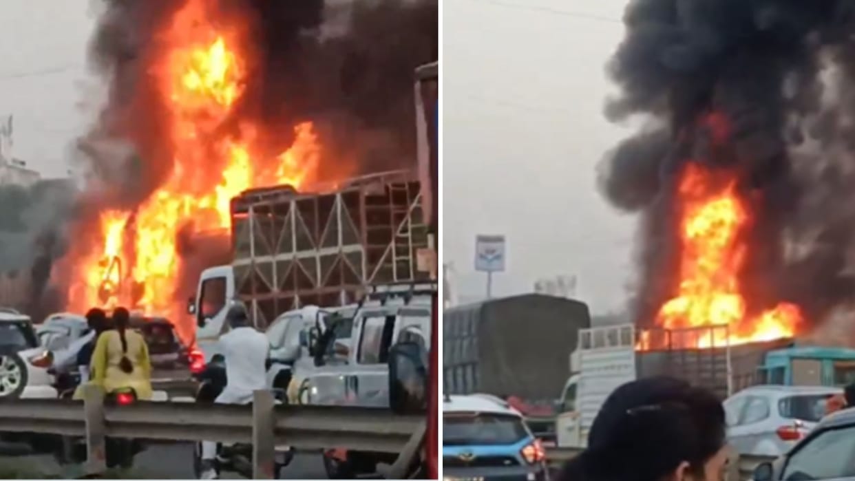 Maharashtra Accident Tragic incident Pune car trapp between two container trucks catches fire many people dead